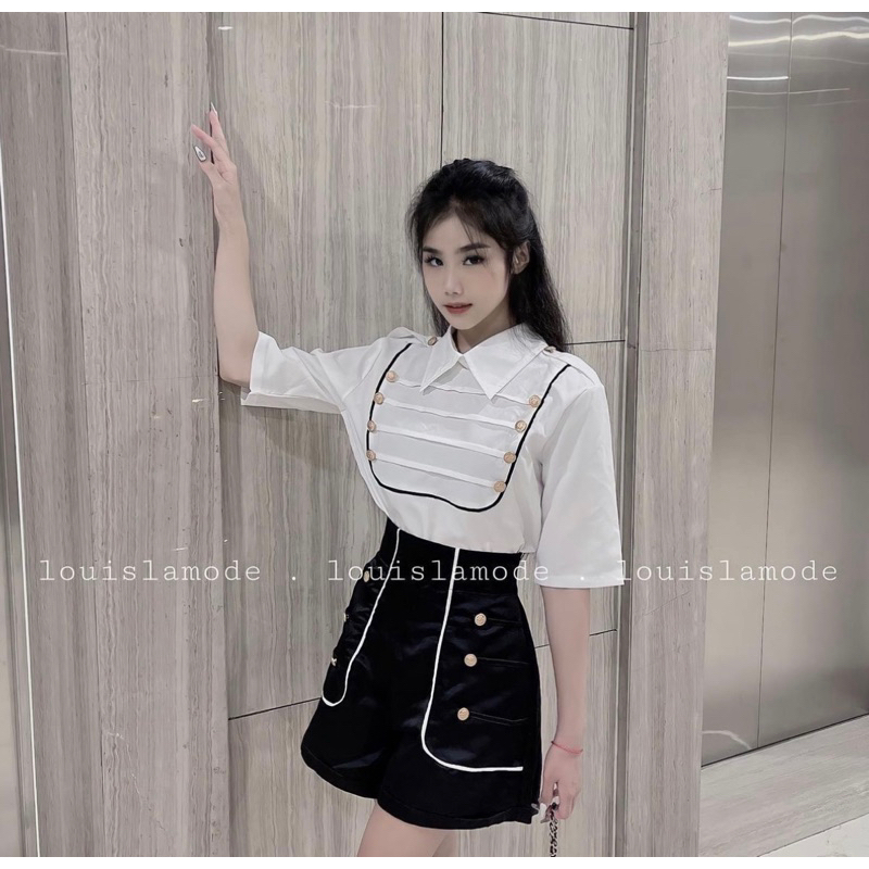 Set Áo Sơ Mi Xương Cá Đính Khuya Hoàng Gia Kèm Short