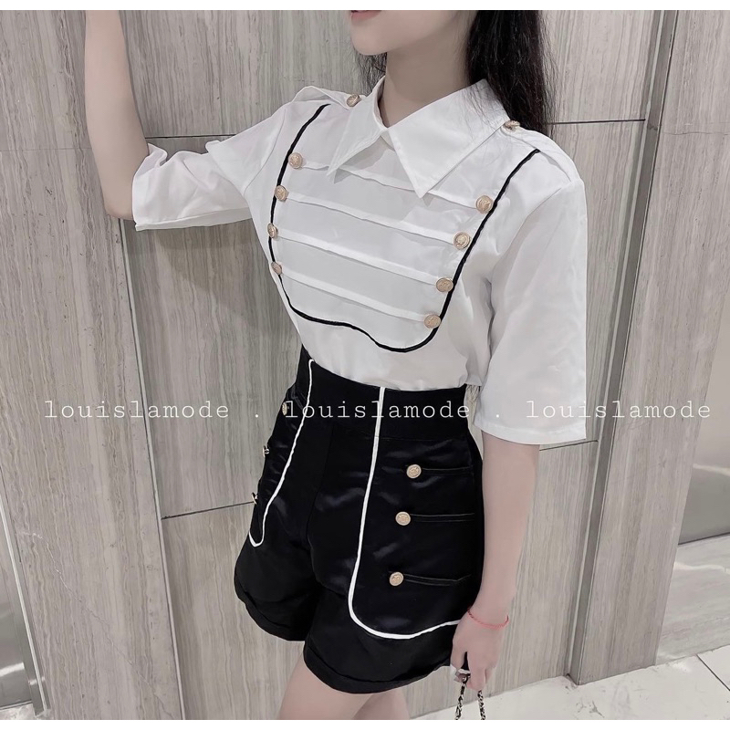 Set Áo Sơ Mi Xương Cá Đính Khuya Hoàng Gia Kèm Short