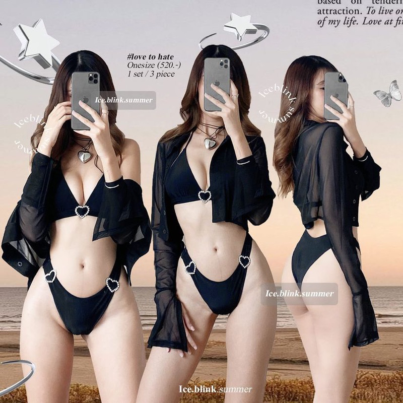 SET BIKINI BA MẢNH ĐEN TRÁI TIM ÁO KHOÁC