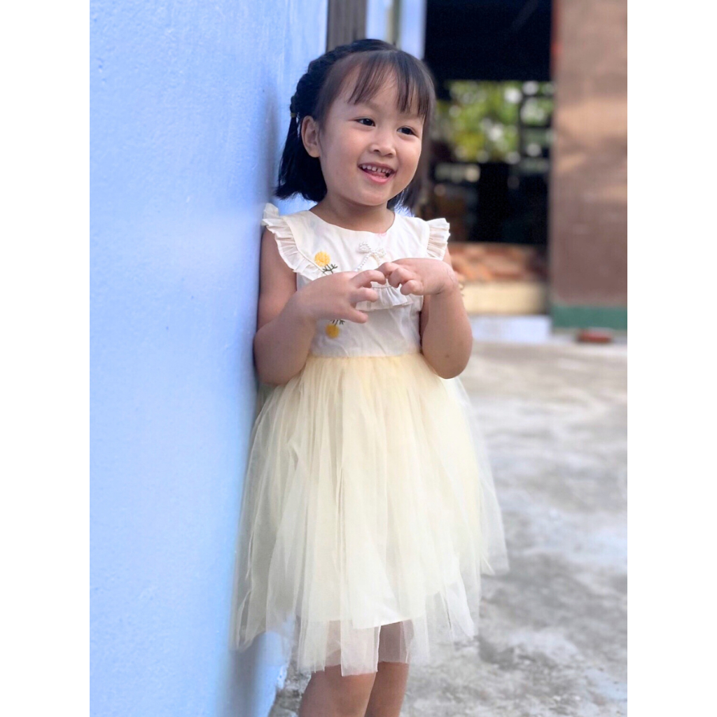 Váy công chúa bé gái phối bèo cổ tròn, Đầm bé gái trẻ em tiểu thư vải voan mềm mại đi chơi đi học cho bé - Bee&Bull