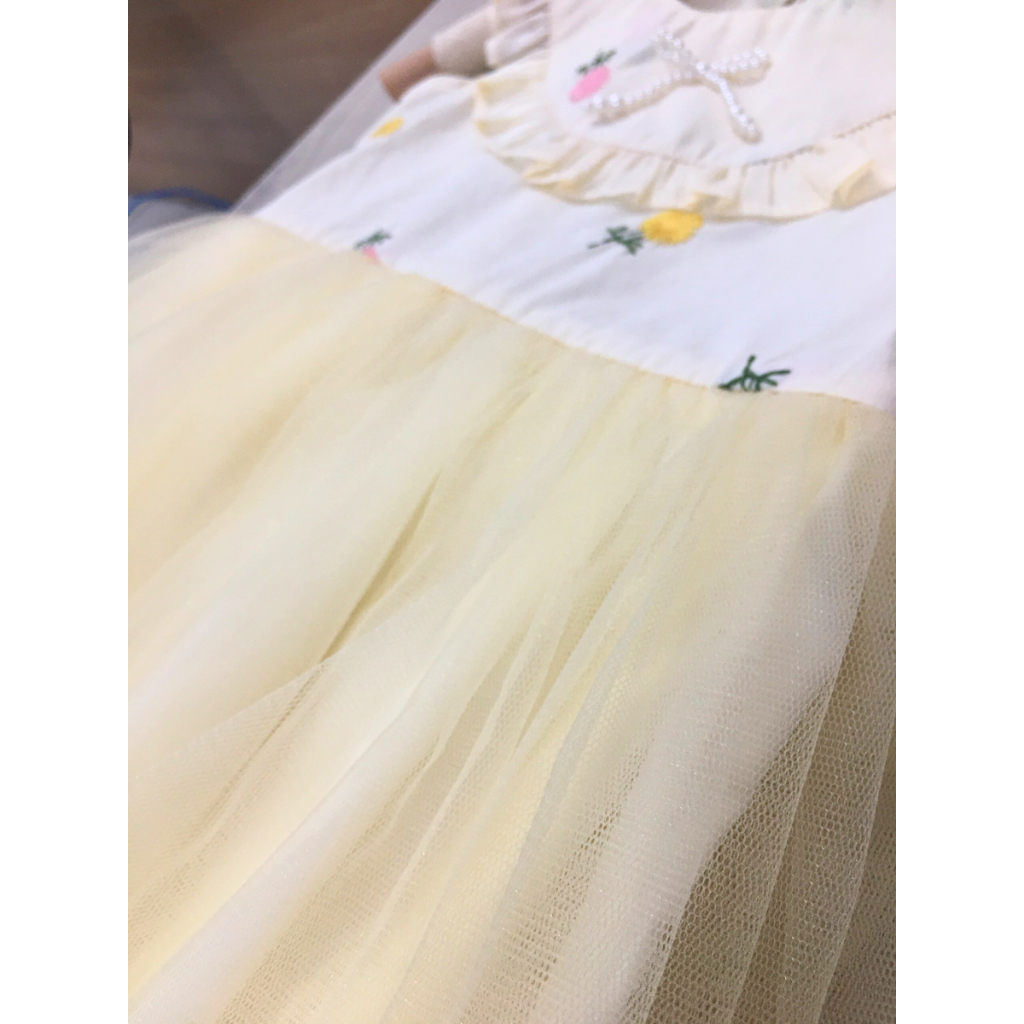 Váy công chúa bé gái phối bèo cổ tròn, Đầm bé gái trẻ em tiểu thư vải voan mềm mại đi chơi đi học cho bé - Bee&Bull