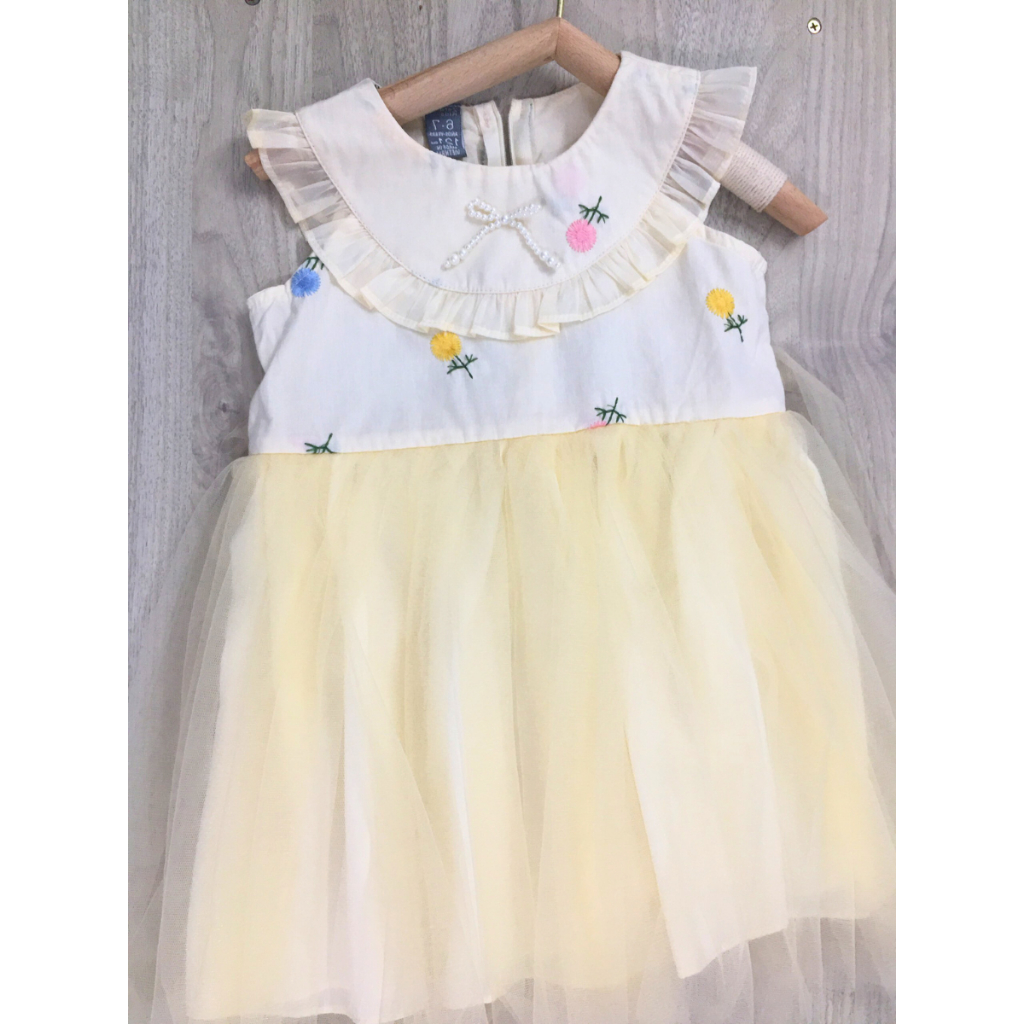 Váy công chúa bé gái phối bèo cổ tròn, Đầm bé gái trẻ em tiểu thư vải voan mềm mại đi chơi đi học cho bé - Bee&Bull