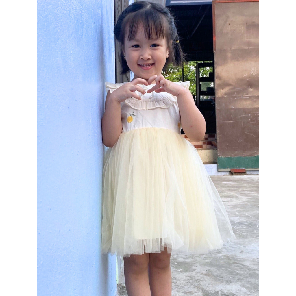 Váy công chúa bé gái phối bèo cổ tròn, Đầm bé gái trẻ em tiểu thư vải voan mềm mại đi chơi đi học cho bé - Bee&Bull