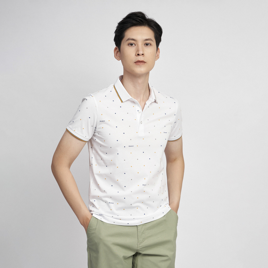 Áo Polo Nam Cotton Mercerized 2004 Cao Cấp Thoáng Mát Màu Trắng In Họa Tiết - Vulcano