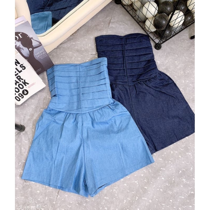Jumsuit Nữ Cúp Ngực Xếp Ly Chun Lưng - Halinh Shop - Jump Bò Giấy Cúp Ngực Dáng Quần Sooc Hàng QCl1 size S M