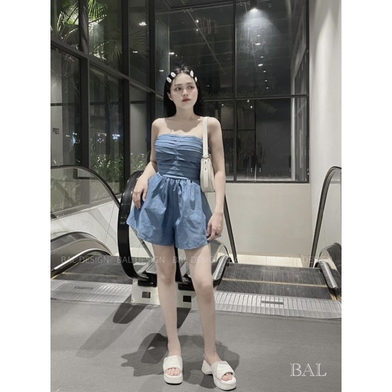Jumsuit Nữ Cúp Ngực Xếp Ly Chun Lưng - Halinh Shop - Jump Bò Giấy Cúp Ngực Dáng Quần Sooc Hàng QCl1 size S M