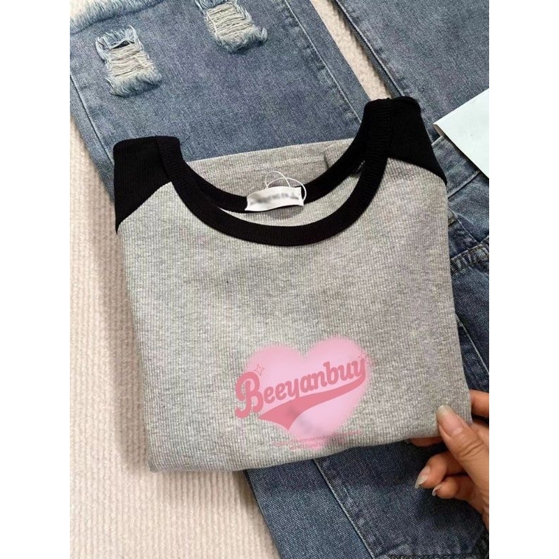 Áo Babytee Thêu Tim Hồng Cổ Tròn - Halinh Shop - Áo Thun Nữ Phối Tay Unisex