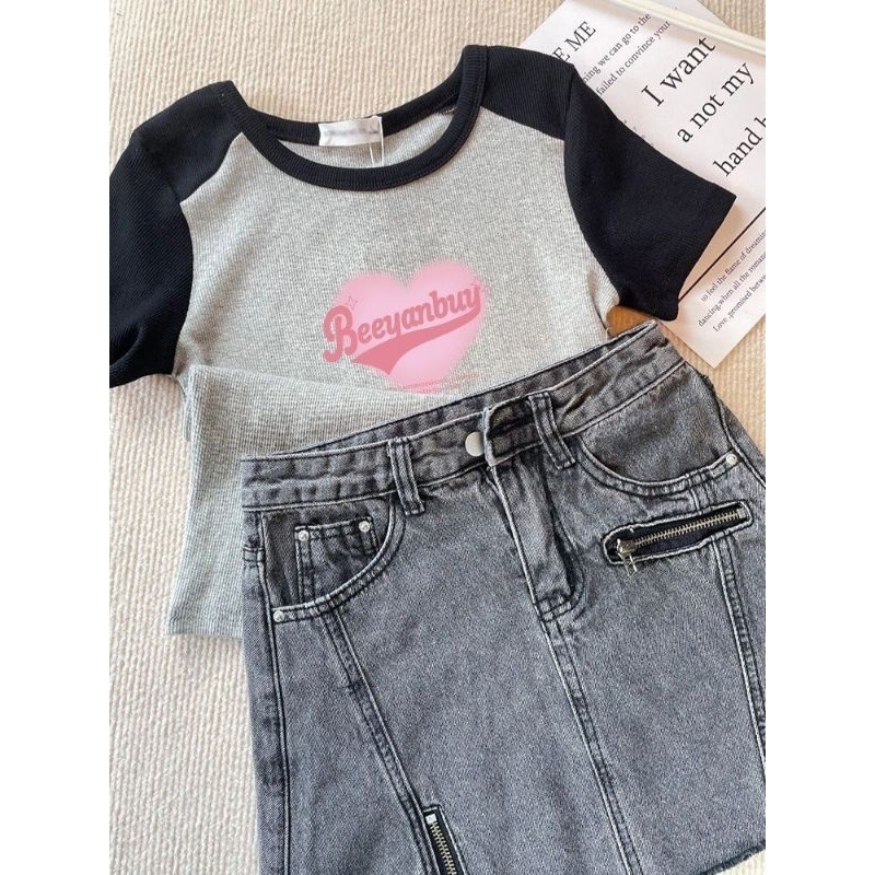 Áo Babytee Thêu Tim Hồng Cổ Tròn - Halinh Shop - Áo Thun Nữ Phối Tay Unisex