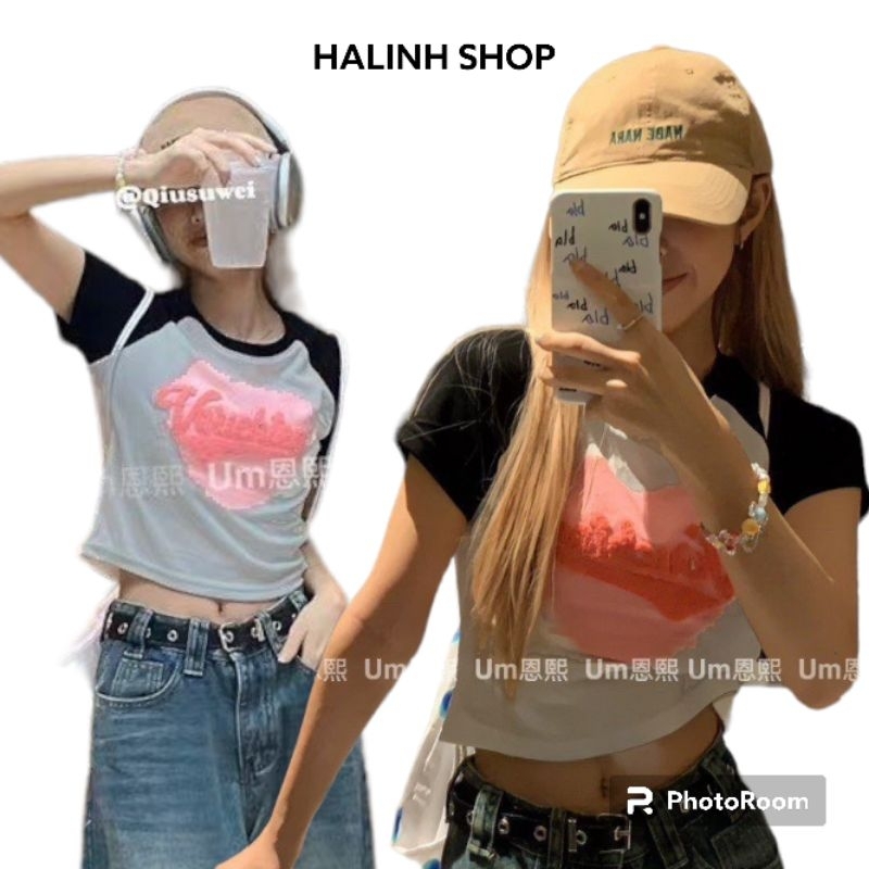 Áo Babytee Thêu Tim Hồng Cổ Tròn - Halinh Shop - Áo Thun Nữ Phối Tay Unisex