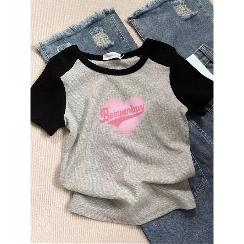 Áo Babytee Thêu Tim Hồng Cổ Tròn - Halinh Shop - Áo Thun Nữ Phối Tay Unisex