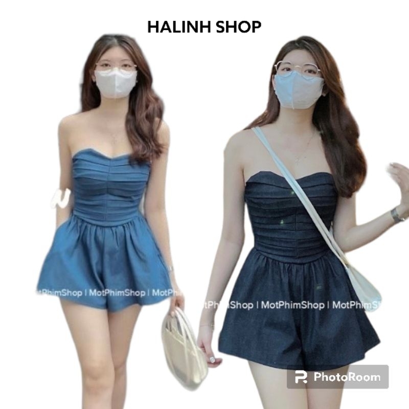 Jumsuit Nữ Cúp Ngực Xếp Ly Chun Lưng - Halinh Shop - Jump Bò Giấy Cúp Ngực Dáng Quần Sooc Hàng QCl1 size S M