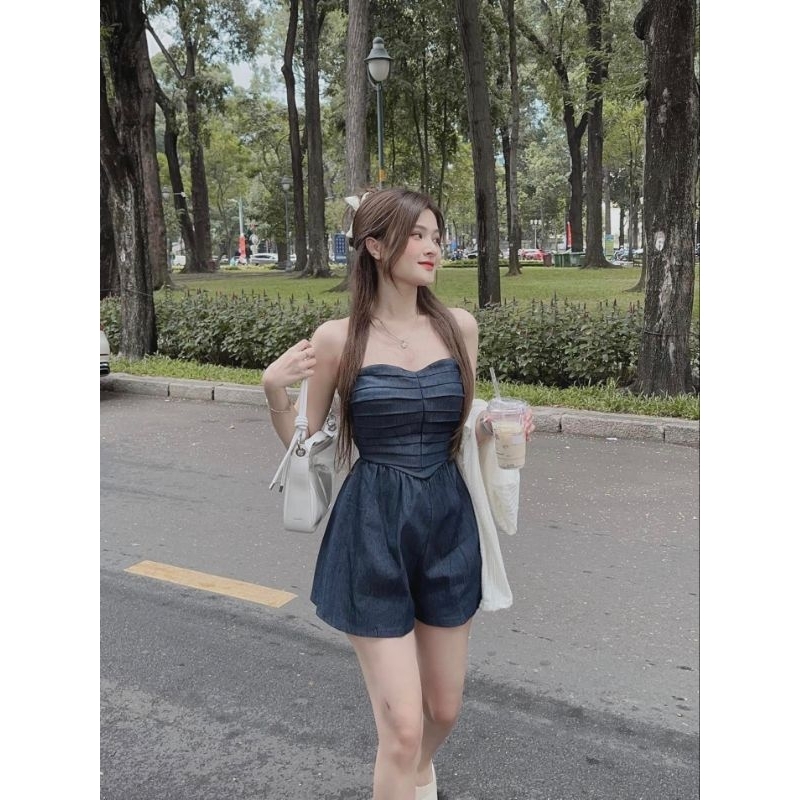 Jumsuit Nữ Cúp Ngực Xếp Ly Chun Lưng - Halinh Shop - Jump Bò Giấy Cúp Ngực Dáng Quần Sooc Hàng QCl1 size S M