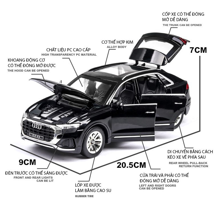 Mô hình xe Audi Q8 tỉ lệ 1:24 hãng Chezhi ô tô vỏ hợp kim, có đèn và âm thanh giả lập, mô hình tĩnh Audi p8