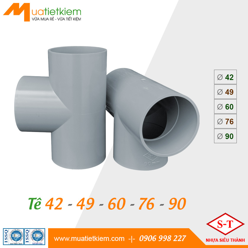 Tê PVC phi 42, 49, 60, 76, 90, phụ kiện ống nước