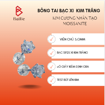 Bông tai Bạc nụ 6 chấu S925 mạ vàng trắng gắn kim cương nhân tạo Moissanite 5li 0.5carat