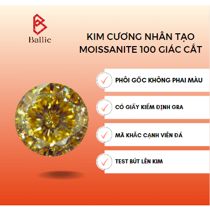 Kim cương nhân tạo Moissanite100 giác cắt màu vàng Champagne sie 20li 30carat- Phôi gốc không phai - Có kiểm định GRA