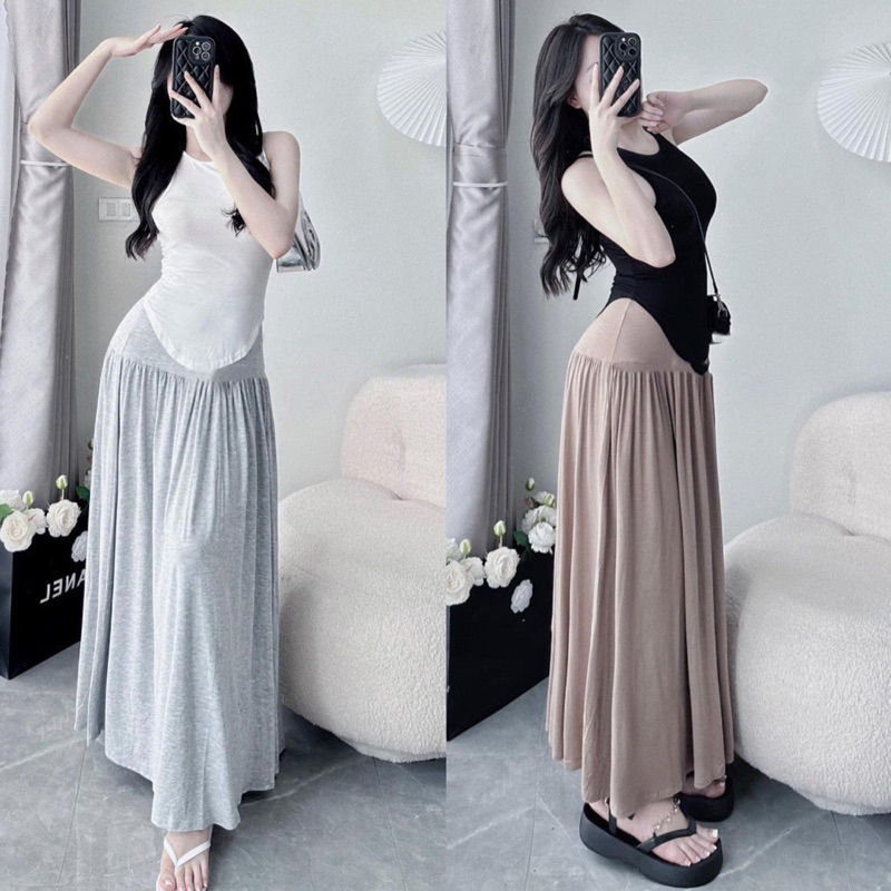 Set Bộ Váy Siêu Phẩm Áo Ba Lỗ Vạc Bầu Kèm Chân Váy Thun Lụa Dẻo Thướt Tha
