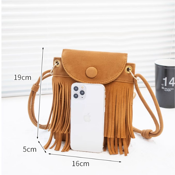 Túi tua rua da bò mini đeo chéo CÓ ẢNH THẬT phong cách bohemian thời trang du lịch ulzzang