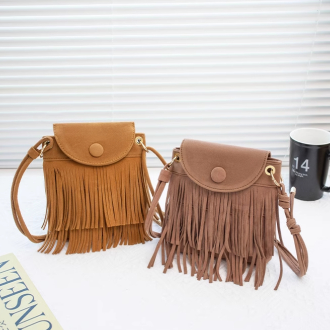 Túi tua rua da bò mini đeo chéo CÓ ẢNH THẬT phong cách bohemian thời trang du lịch ulzzang