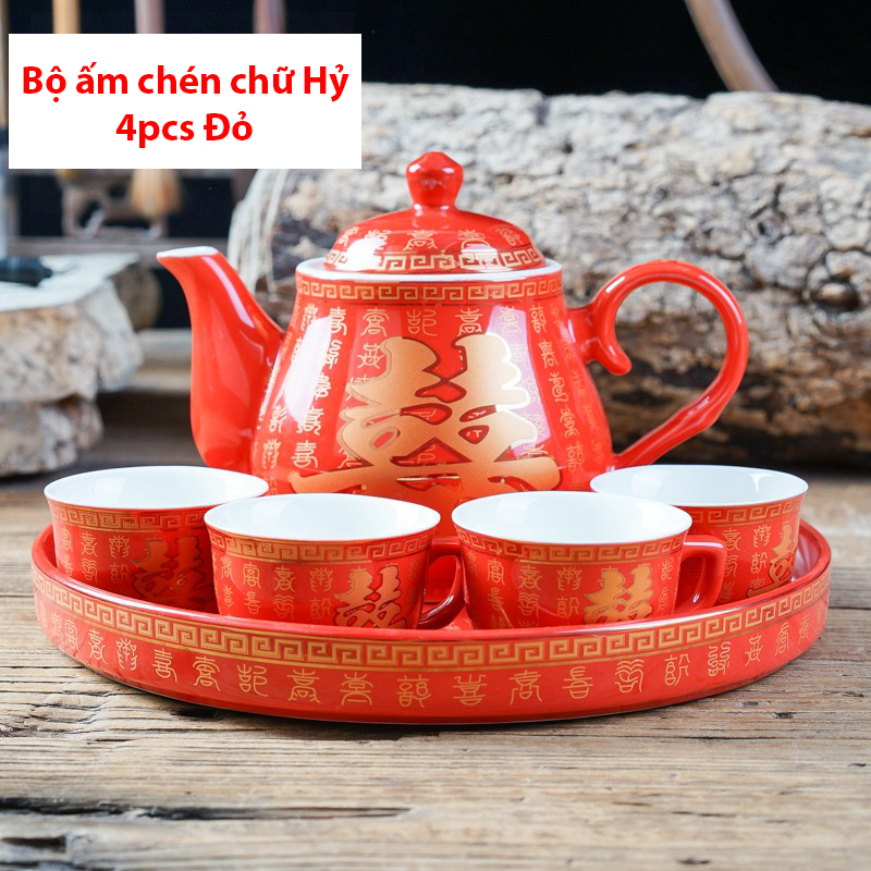 Bộ ấm chén chữ Hỷ trang trí gia tiên (hàng sẵn, ảnh thật, hỏa tốc trong ngày)