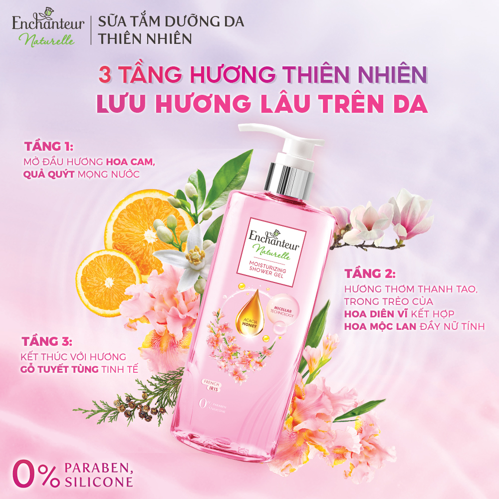 Sữa tắm dưỡng da Enchanteur Naturelle hương hoa Lavender/ Iris 510gr/Chai