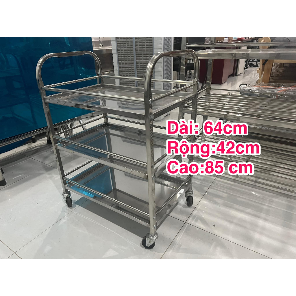 XE RA ĐỒ INOX 3 TẦNG CÓ THÀNH XUNG QUANH