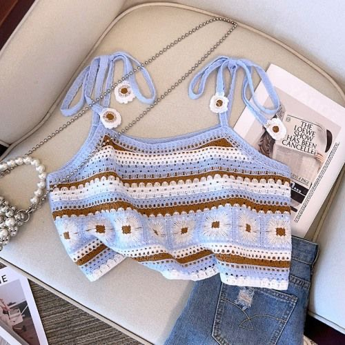 Áo Len 2 Dây Thêu Hoa Họa Tiết Thổ Cẩm Dáng Ngắn Croptop Phong Cách Vintage Phối Đồ Hai Dây Đi Biển Đi Chơi 2023