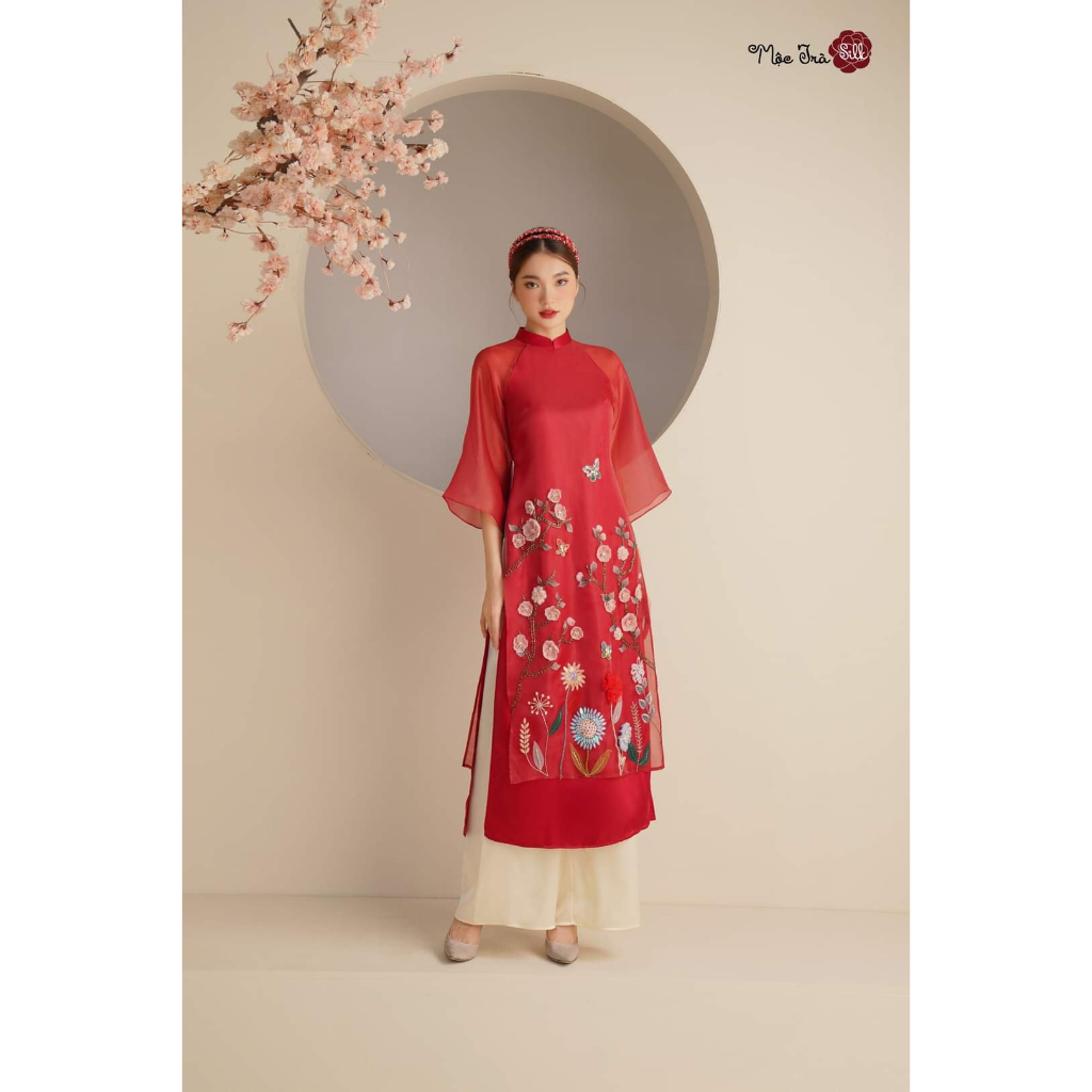 Áo dài mẹ và bé mộc trà đỏ, 4 tà 2 lớp, đính kết thủ công cao cấp - Mai Áo Dài