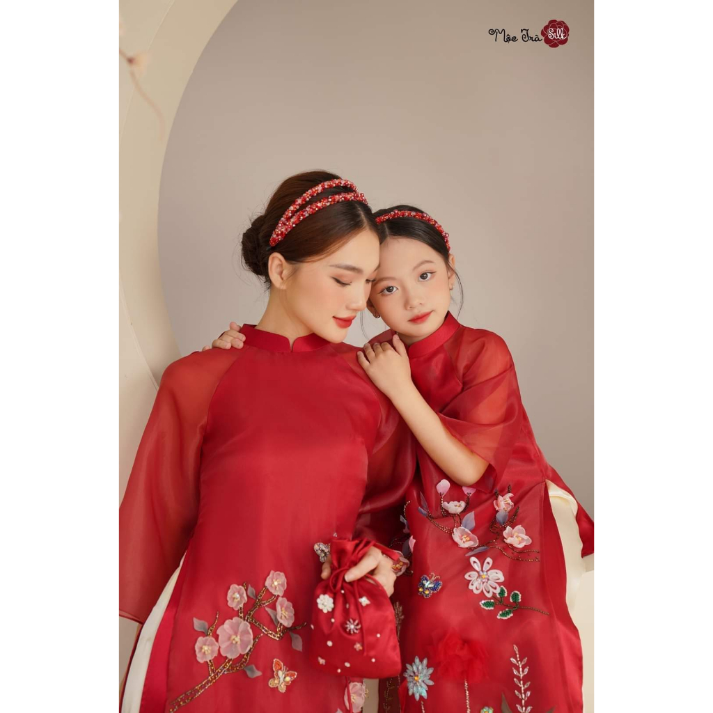 Áo dài mẹ và bé mộc trà đỏ, 4 tà 2 lớp, đính kết thủ công cao cấp - Mai Áo Dài
