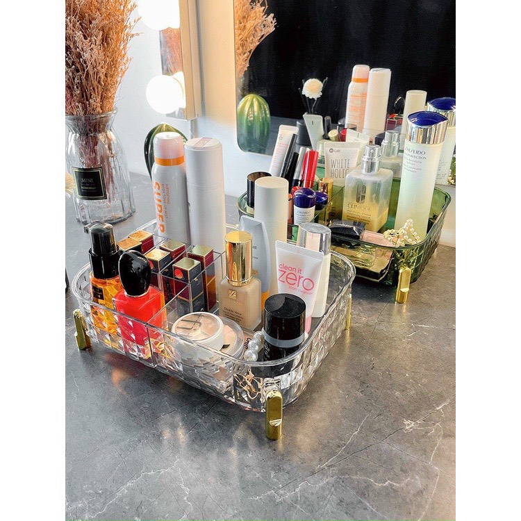Khay đựng mỹ phẩm trong suốt, hộp đựng đồ để bàn có chân đế sang trọng
