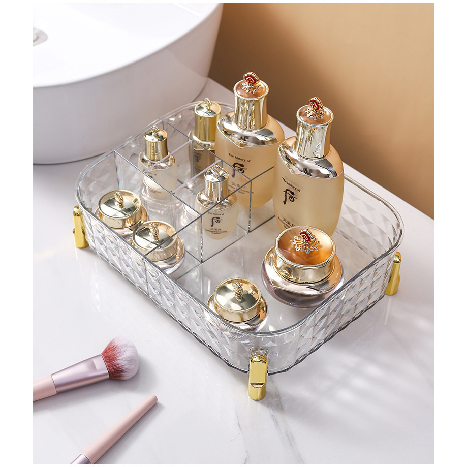 Khay đựng mỹ phẩm trong suốt, hộp đựng đồ để bàn có chân đế sang trọng