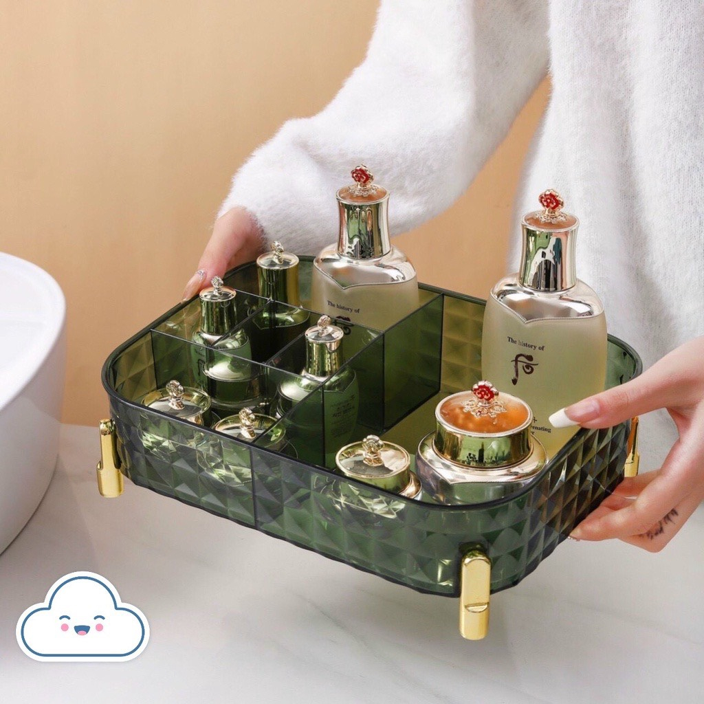 Khay đựng mỹ phẩm trong suốt, hộp đựng đồ để bàn có chân đế sang trọng