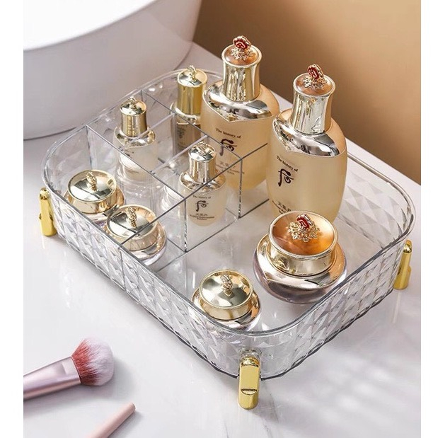 Khay đựng mỹ phẩm trong suốt, hộp đựng đồ để bàn có chân đế sang trọng