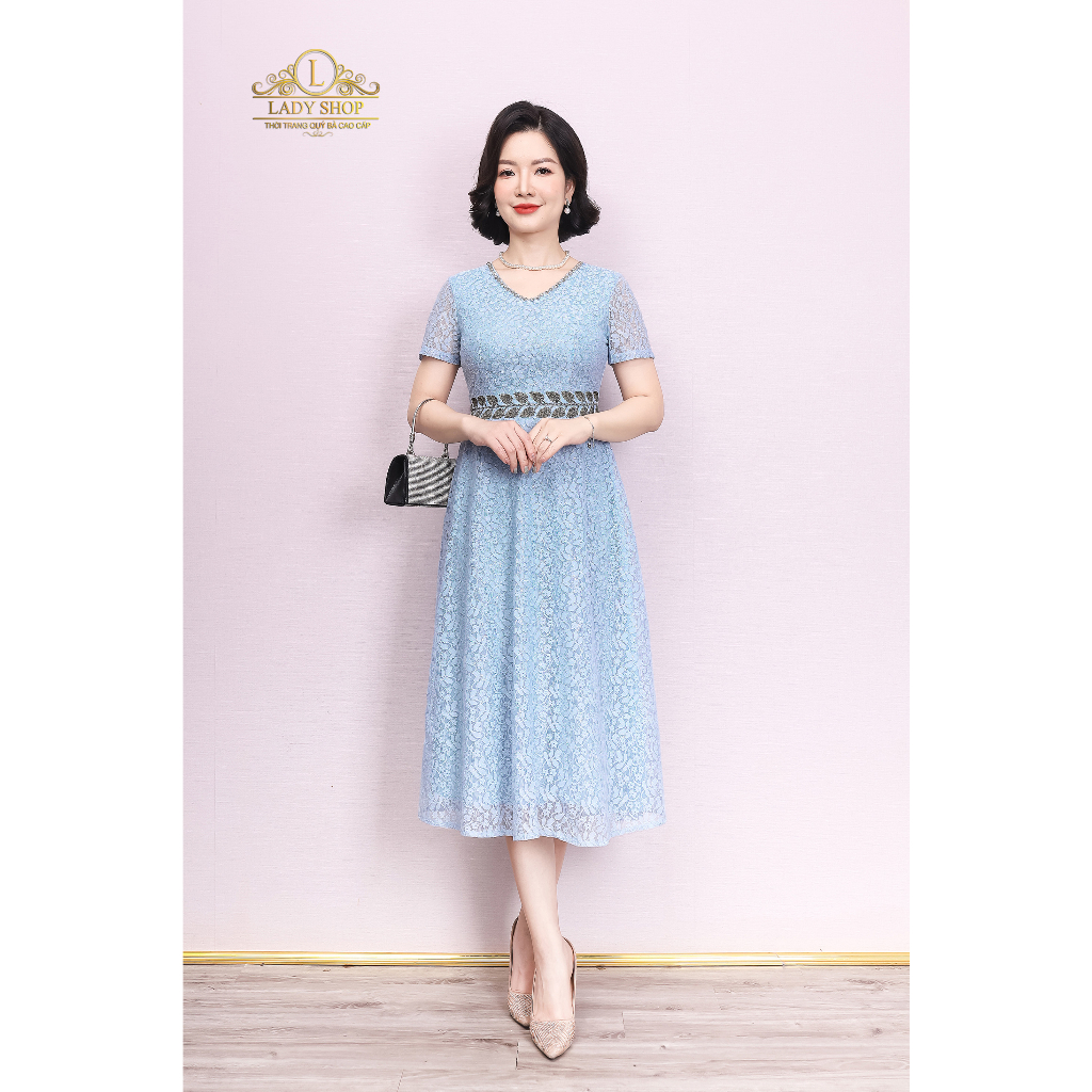 Đầm ren dệt kim tuyến thêu eo đính thủ công Ladyshop thời trang trung niên cao cấp T170