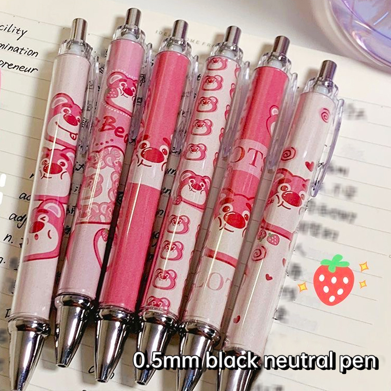 💜Bút Bi Mực Đen Ngòi 0.5mm Có Thể Thu Gọn Họa Tiết Gấu / Dâu Tây Hoạt Hình Dễ Thương
