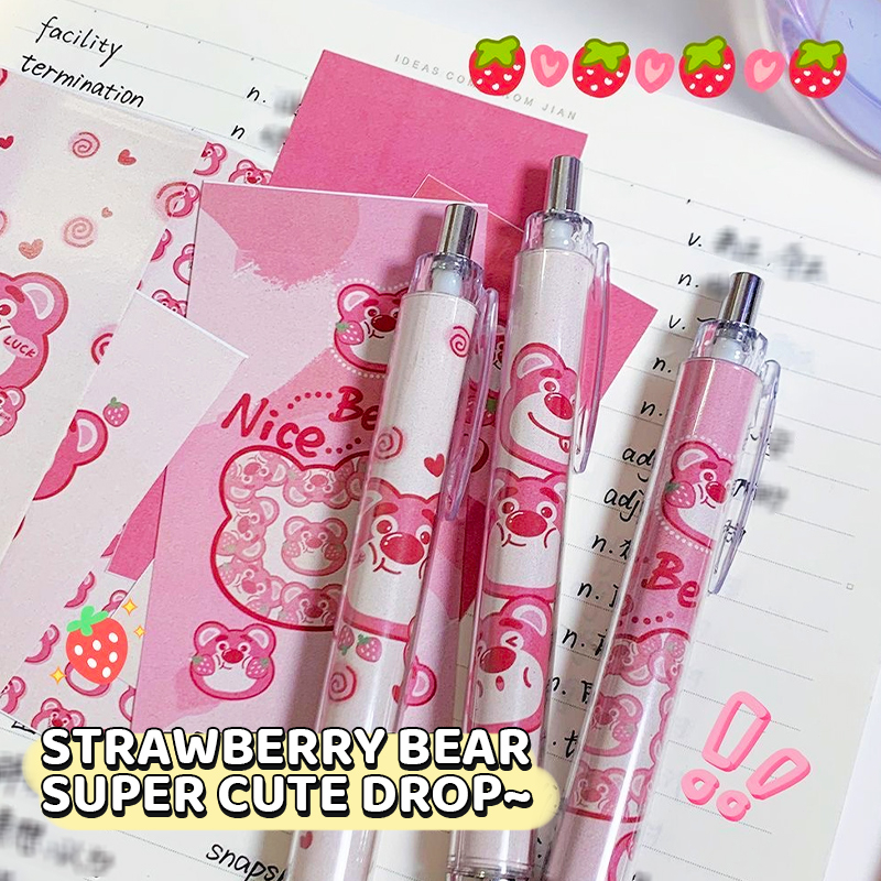 💜Bút Bi Mực Đen Ngòi 0.5mm Có Thể Thu Gọn Họa Tiết Gấu / Dâu Tây Hoạt Hình Dễ Thương