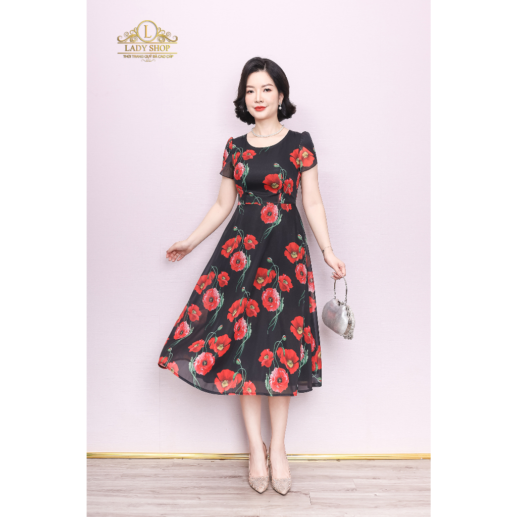 Đầm tơ hoa tay búp sen Ladyshop thời trang trung niên cao cấp T172