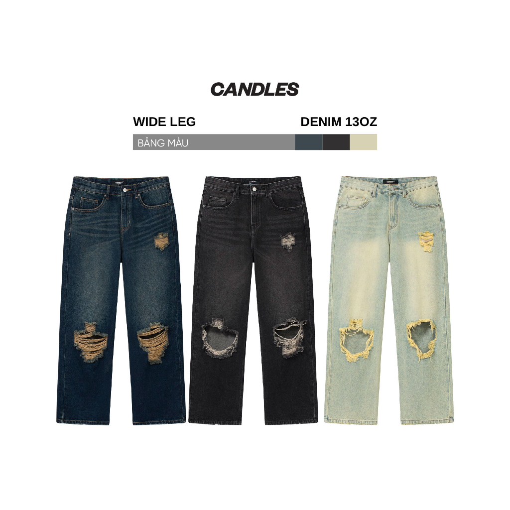 Quần jeans nam nữ dáng rộng CANDLES DENIM KNEE BLOW-OUT thiết kế rách to dưới đầu gối denim 13oz chính hãng