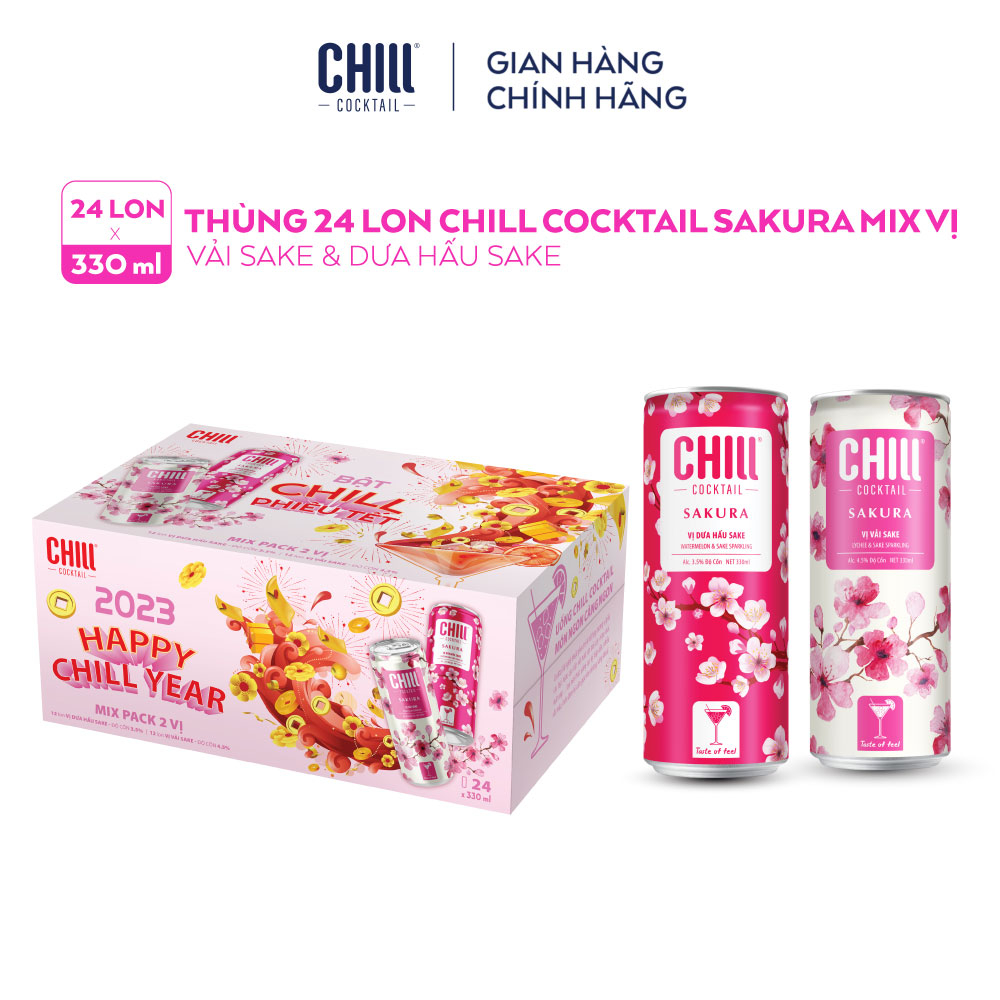 [VOUCHER 100K]Thùng 24 lon Chill Cocktail Sakura mix vị Vải Sake & Dưa Hấu Sake (330ml/lon)