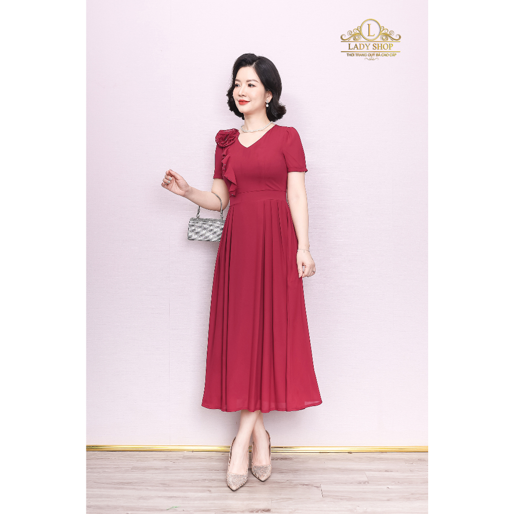 Đầm tằm ý xanh than bèo hoa kết đá Ladyshop thời trang trung niên cao cấp T174