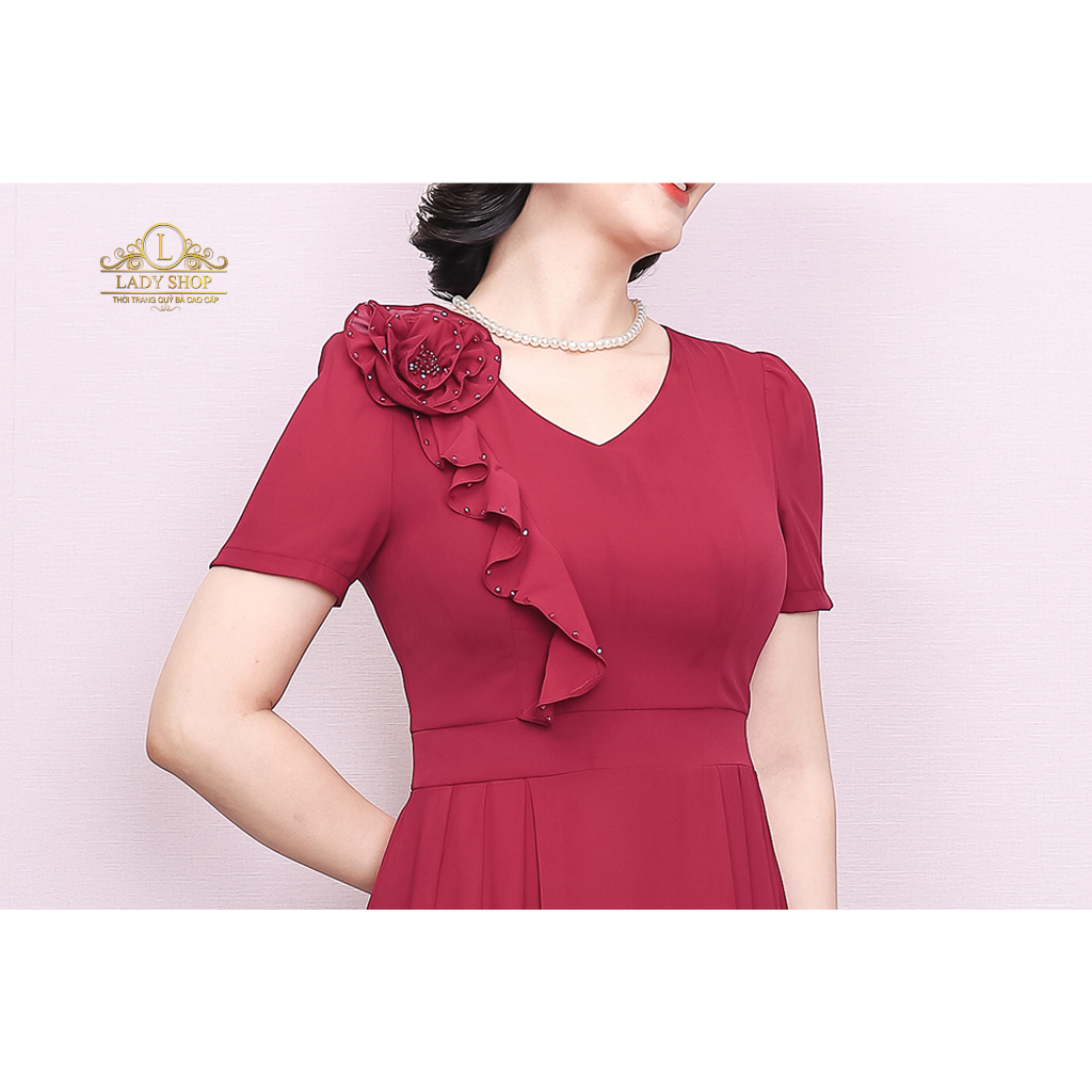 Đầm tằm ý xanh than bèo hoa kết đá Ladyshop thời trang trung niên cao cấp T174