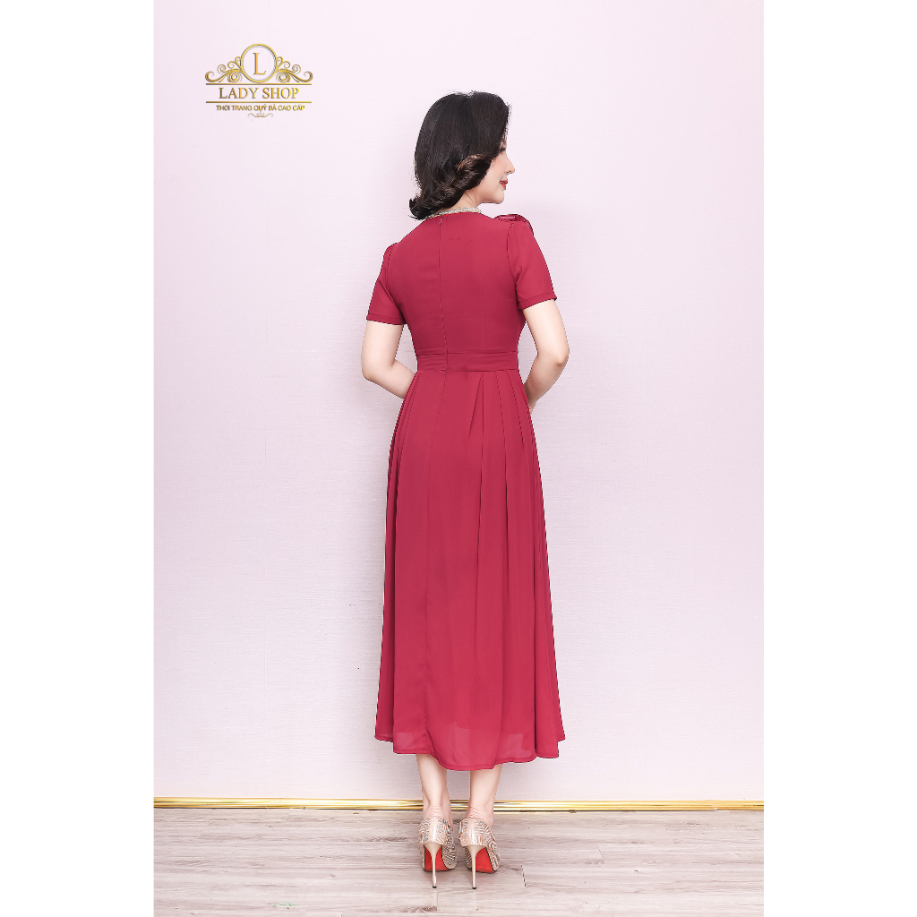 Đầm tằm ý xanh than bèo hoa kết đá Ladyshop thời trang trung niên cao cấp T174