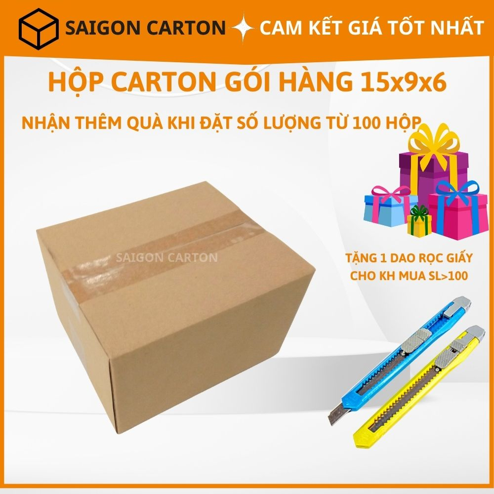 Hộp carton đóng gói hàng cho shop size 15X9X6 cm - Mua 100 tặng 1 dao rọc giấy - sản xuất bởi SÀI GÒN CARTON