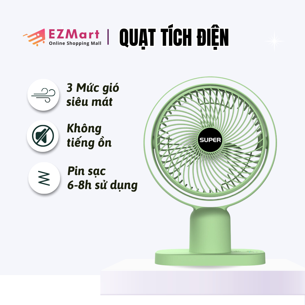Quạt mini tích điện để bàn di động sử dụng lên tới 8h/1 lần sạc USB 3 chế độ gió, kiêm đèn led QMN13