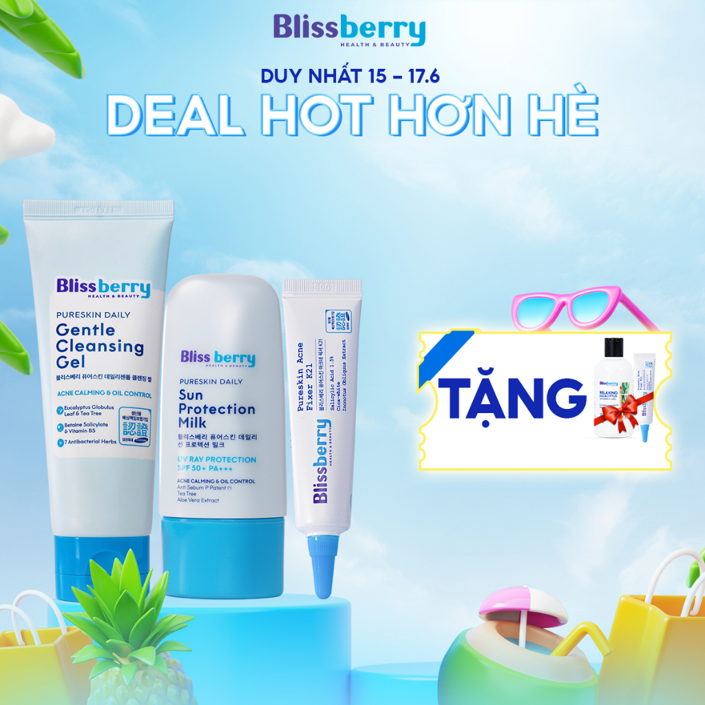 Combo 3 bước sạch mụn Blissberry Gel giảm mụn 15ml, Sữa rửa mặt 100ml và Kem chống nắng 60ml