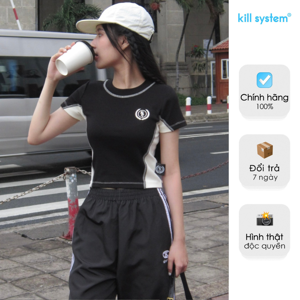 Áo thun Killsystem baby tee Halyyn màu đen phối kem