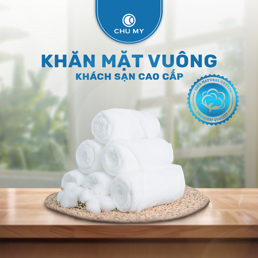 Khăn mặt vuông khách sạn CHU MY 100% cotton tiêu chuẩn 5 sao - kích thước 34x34cm, trọng lượng 60g, màu trắng trơn