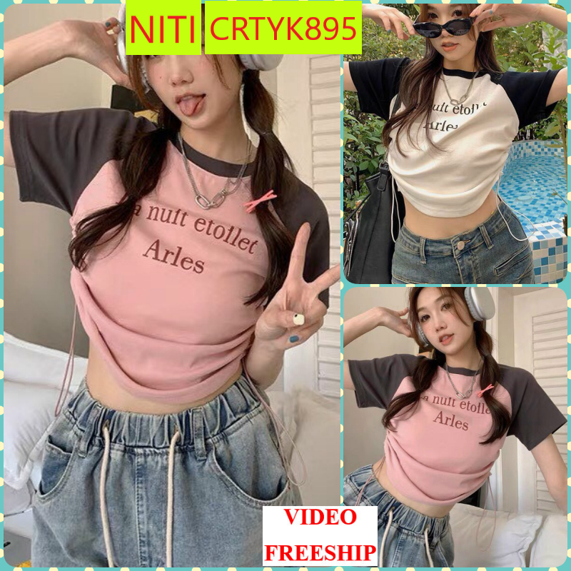 [CRTYK895]ÁO CROPTOP KIỂU LỬNG NỮ CỔ TRÒN NGẮN TAY DÂY RÚT HỒNG IN CHỮ ARLES MÀU TRẮNG HỒNG SIÊU CÁ TÍNH ĐỈNH CAO PHONG