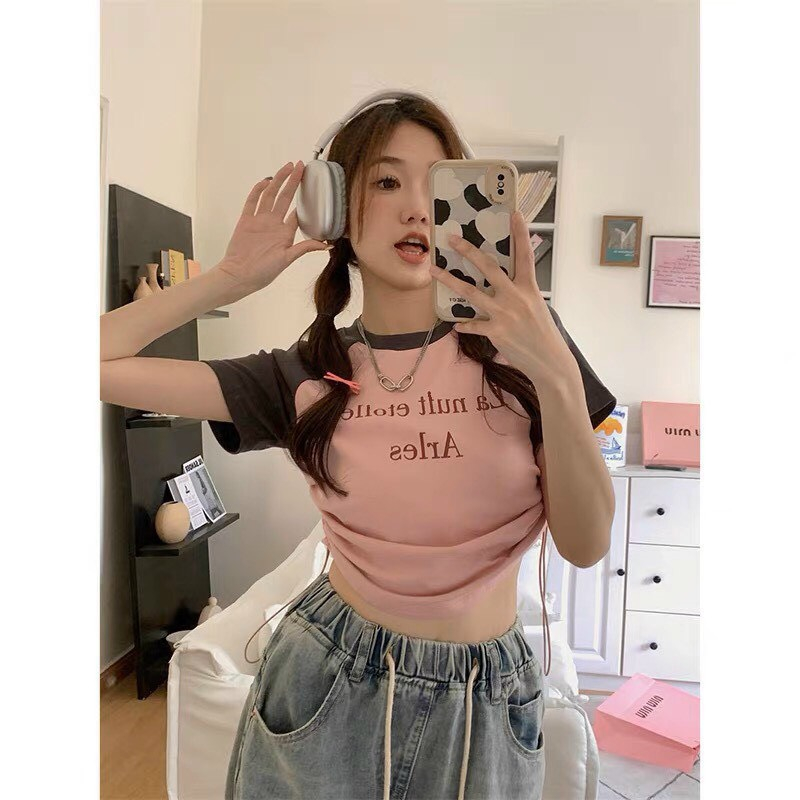 [CRTYK895]ÁO CROPTOP KIỂU LỬNG NỮ CỔ TRÒN NGẮN TAY DÂY RÚT HỒNG IN CHỮ ARLES MÀU TRẮNG HỒNG SIÊU CÁ TÍNH ĐỈNH CAO PHONG