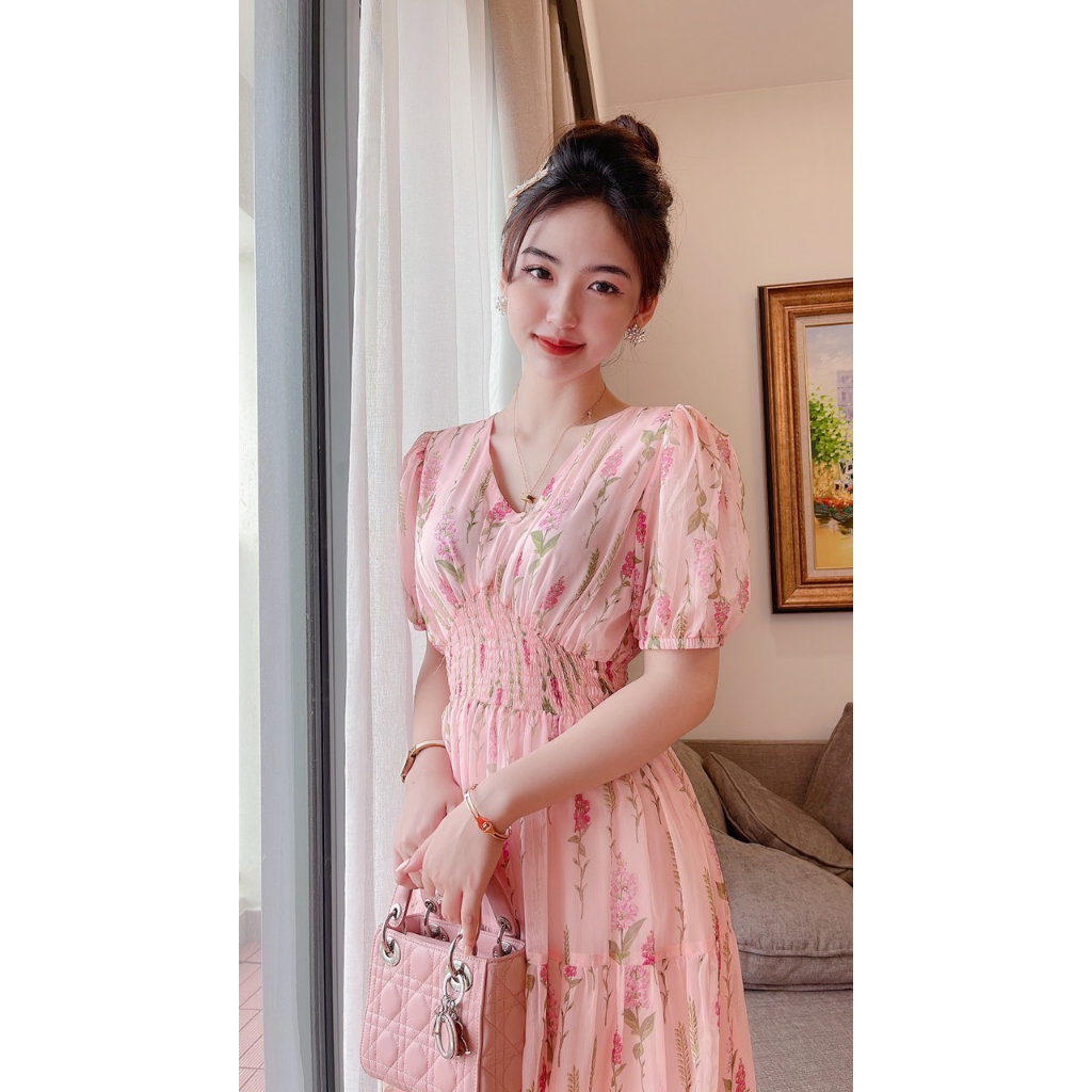 Váy hoa hồng nâu eo chun